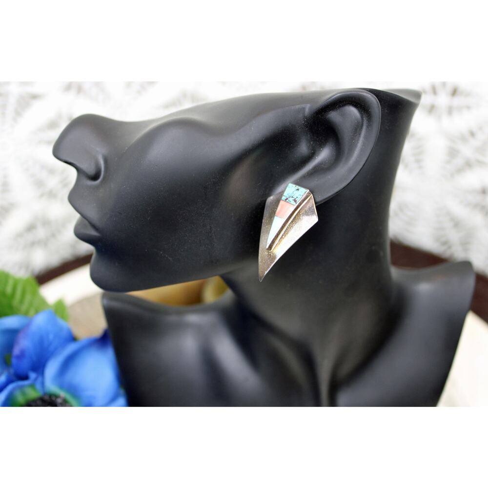 Ray Tracey Knifewing Navajo Sterling Silver Inlay Earrings - Picture 8 of 9